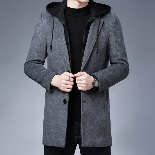 Men's Mid-Length Detachable Hooded Wool Coat Jacket Pi-Mart