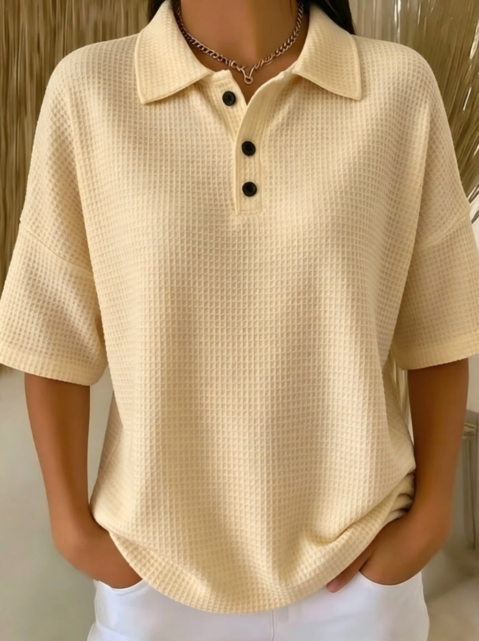 Women's Casual Loose Comfortable Lapel-Neck T-Shirt With Buttons NorixaFashion.com