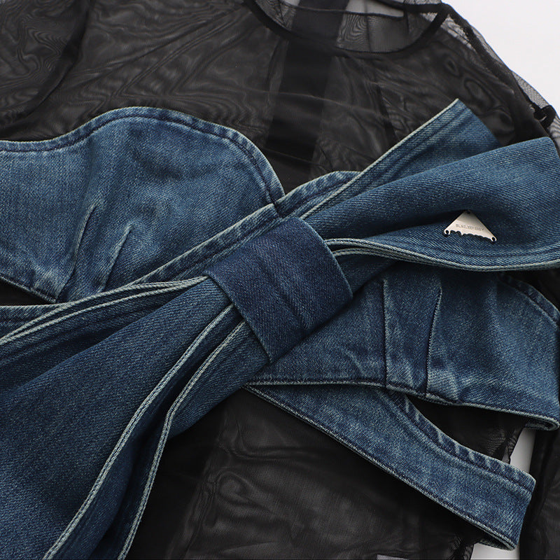 Denim Bow Mesh Overlay Top NorixaFashion.com