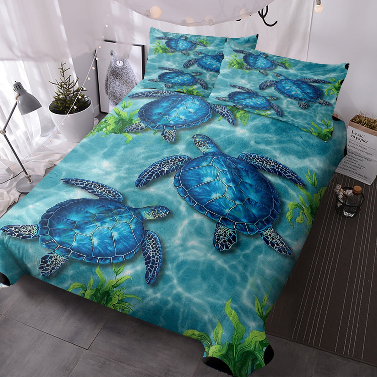 Sea Turtle Pattern Duvet Cover Set 3 Pieces King Size Soft Bedding Set With 2 Pilowcases With Zipper Closure For Home Bedroom For All Seasons PearlNestDecor.com