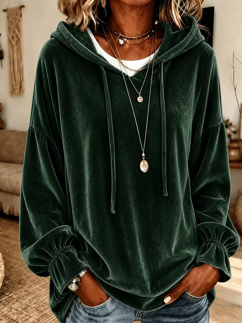 Annuo 2026 European American Women Fall Winter Loose Drawstring Velvet Hooded Sweatshirt NorixaFashion.com