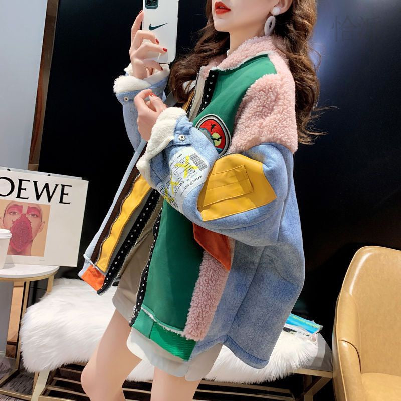 Women's Winter Loose Plus Size Lamb Wool Stitching Denim Coat Best YouTube Store