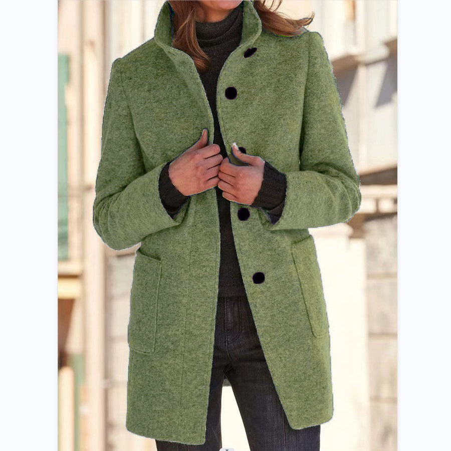 Women's Stand Collar Woolen Coat - Slim Fit Fall and Winter Button Front Trench Coat with Pockets Best YouTube Store