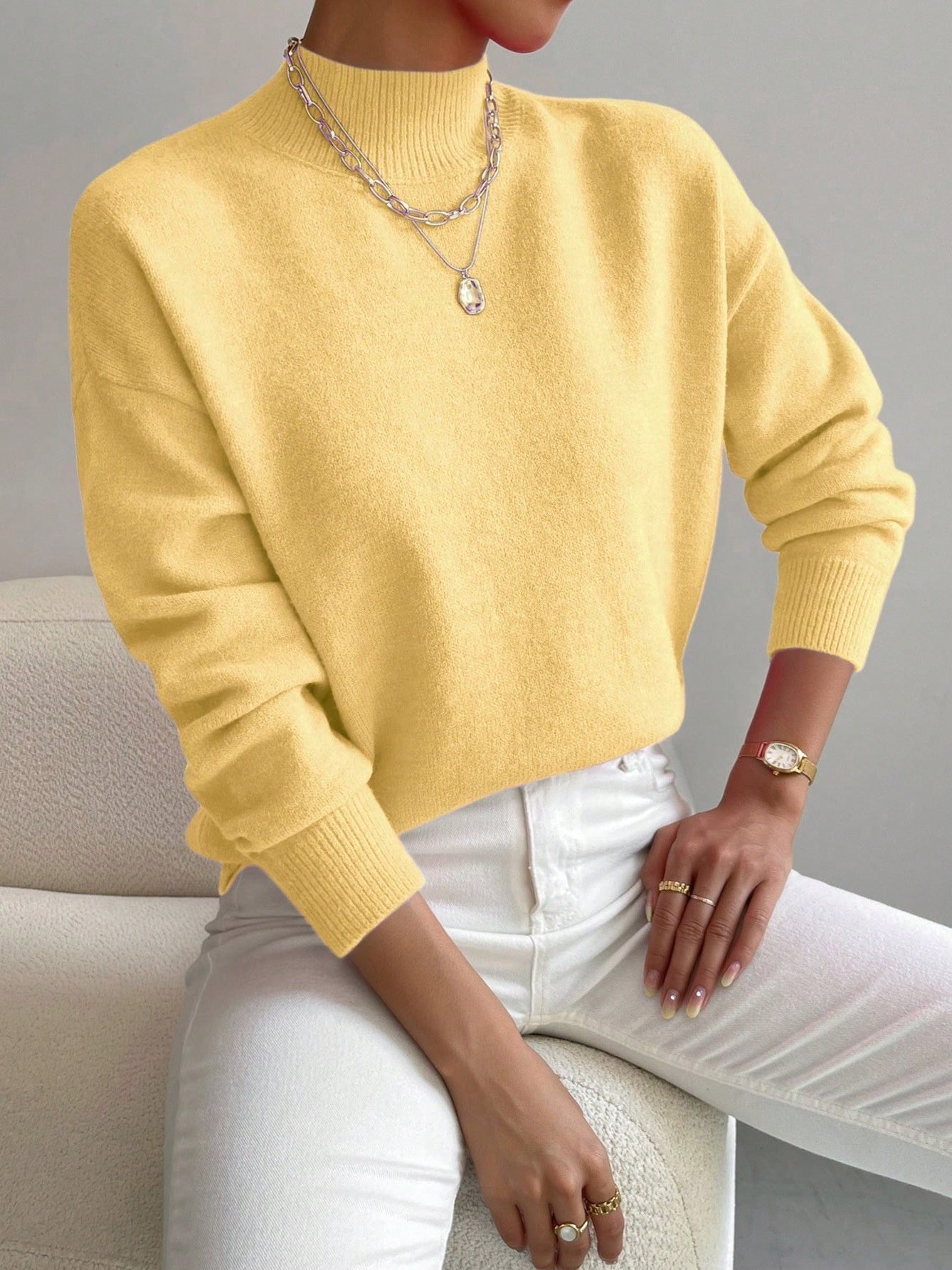 Autumn And Winter Half-high Collar Pullover Women's Fashion Solid Color Loose Knitted Top LadyShow.Store