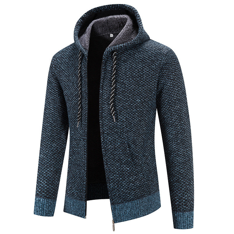 Knitwear Men's Hooded Sweater Fleece-lined Velvet-added Thickness Fleece-lined Warm Cardigan Coat LadyShow.Store