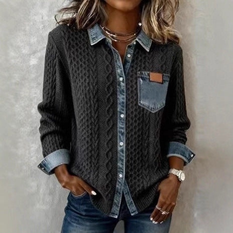 Stylish, Versatile Knitted Patchwork Denim Shirt For Women NorixaFashion.com