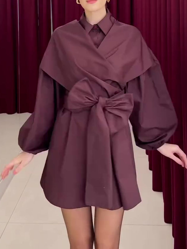 Deep Magenta Structured Wrap Tie-Waist Puff Sleeve Shirt Dress NorixaFashion.com