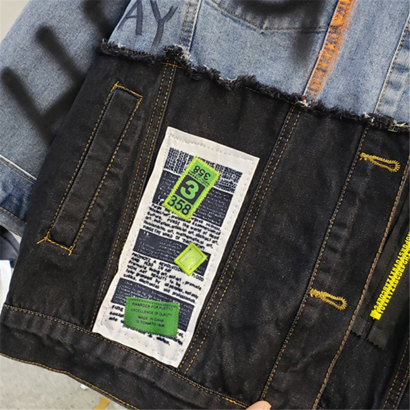 Women's Spliced Graffiti Print Denim Jacket for Streetwear Pi-Mart