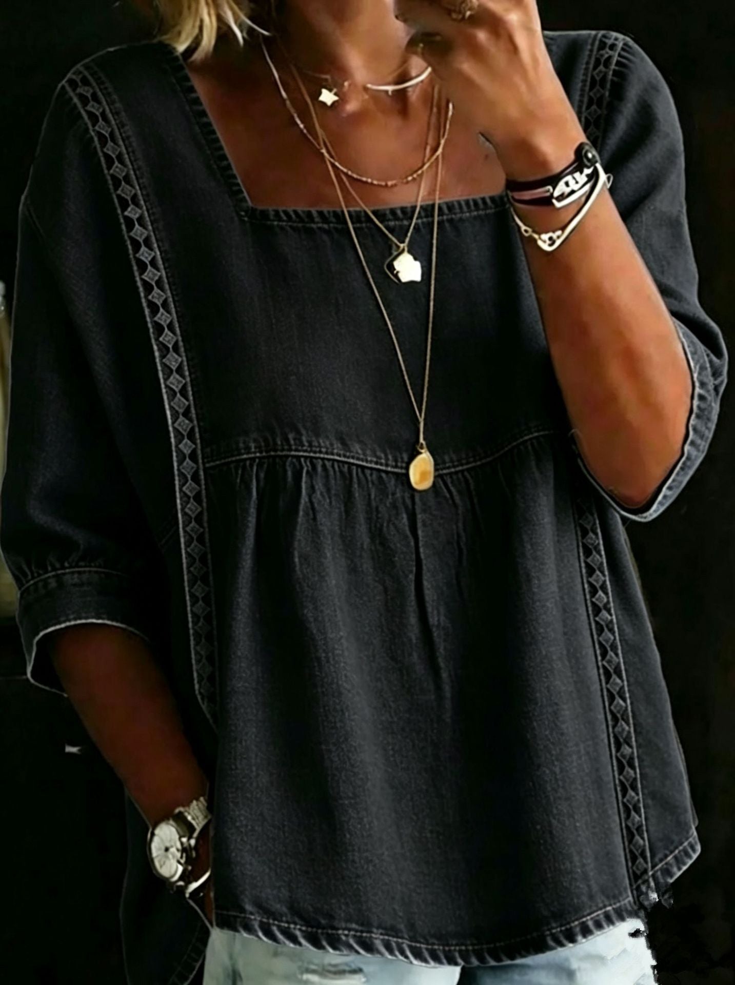 Denim And Lace Patchwork Blouse European And American Style NorixaFashion.com