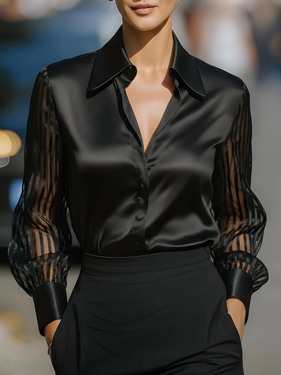 Solid Color Versatile Loose Satin Long Sleeve Shirt Women LadyShow.Store