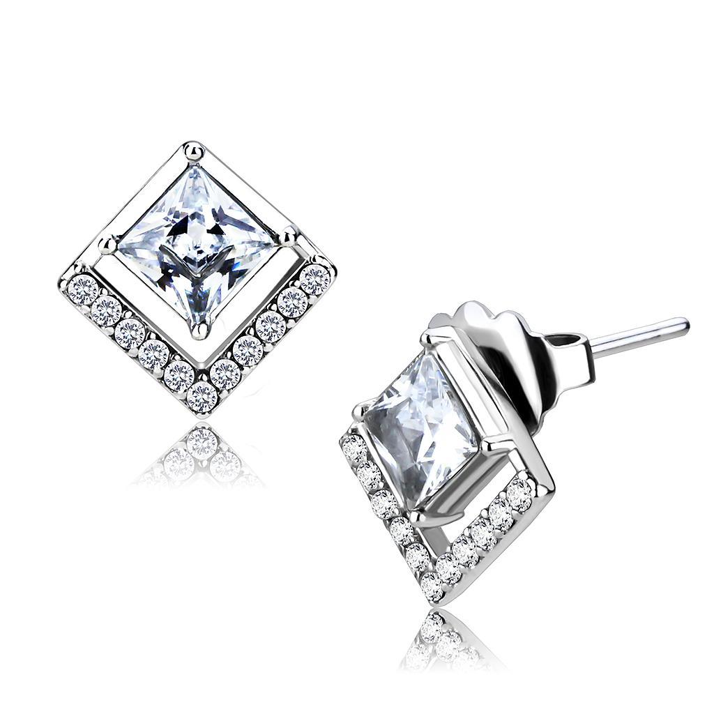 DA071 - High polished (no plating) Stainless Steel Earrings with AAA Grade CZ  in Clear LuxuryLifeWay Online Store