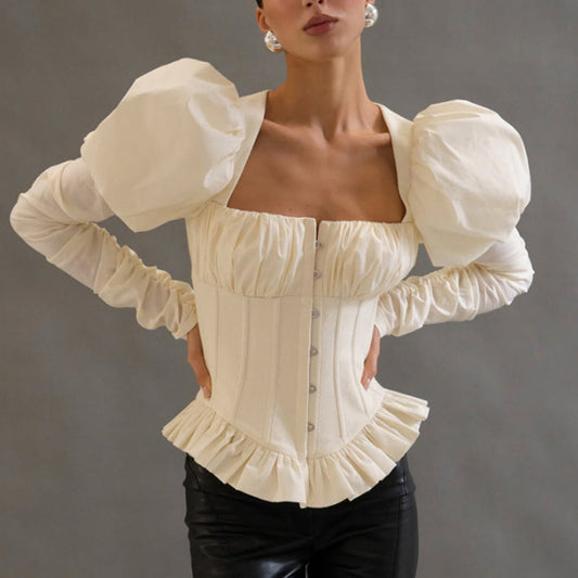 Square Neck Puff Sleeve Corset Peplum Top NorixaFashion.com