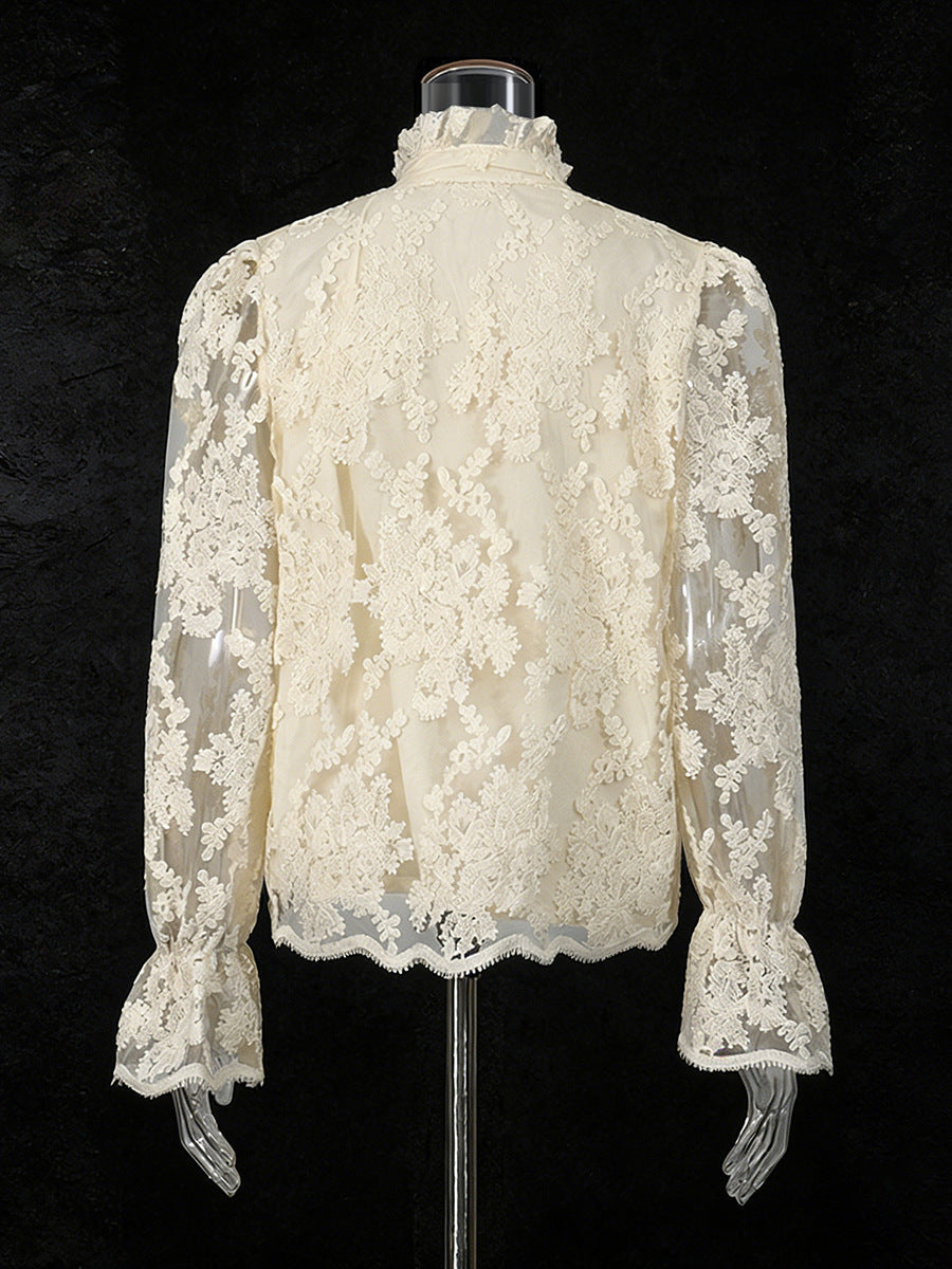 Retro 3D Floral Lace Long-Sleeved Shirt NorixaFashion.com