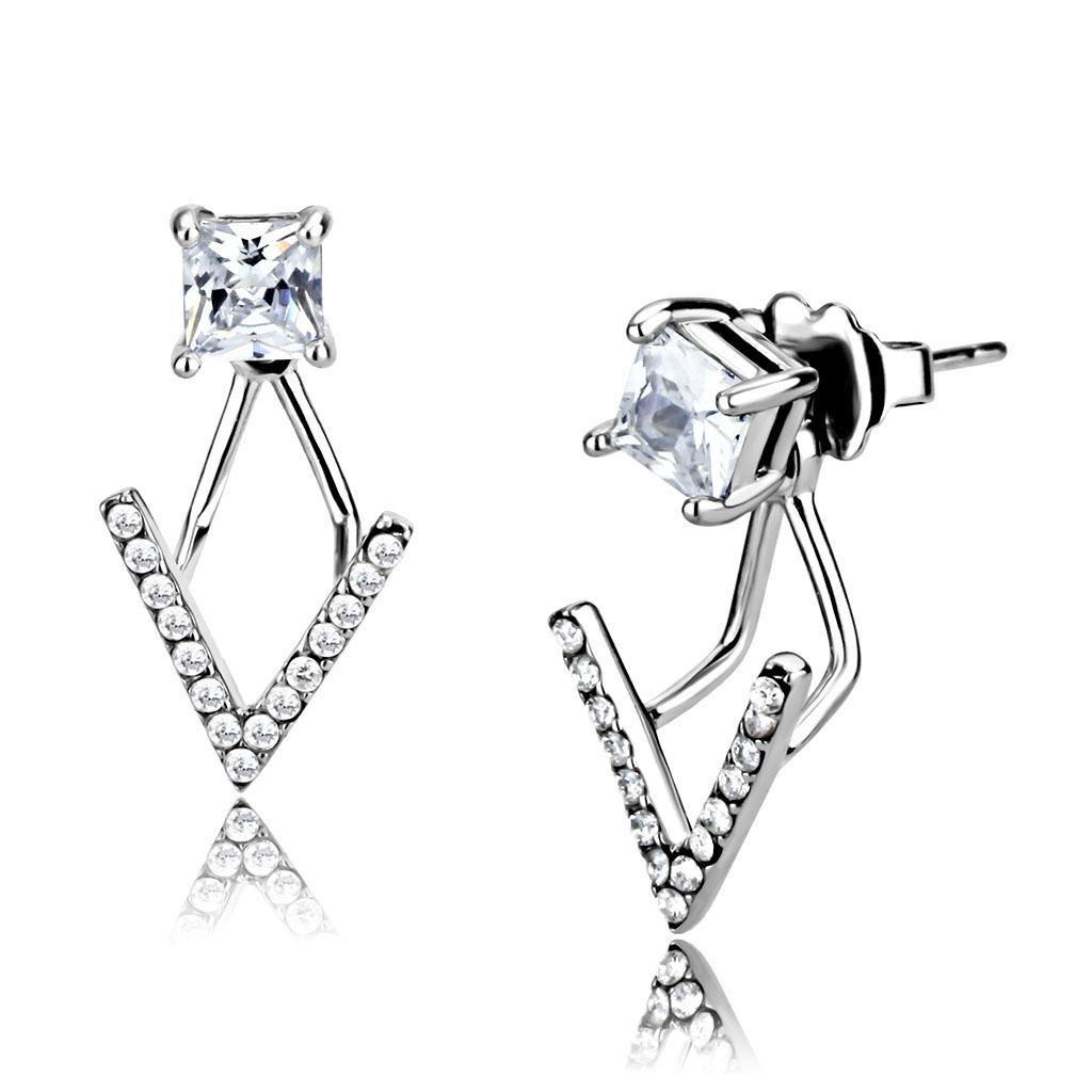 DA292 - High polished (no plating) Stainless Steel Earrings with AAA Grade CZ  in Clear LuxuryLifeWay Online Store
