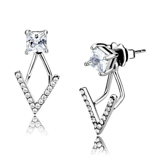 DA292 - High polished (no plating) Stainless Steel Earrings with AAA Grade CZ  in Clear LuxuryLifeWay Online Store