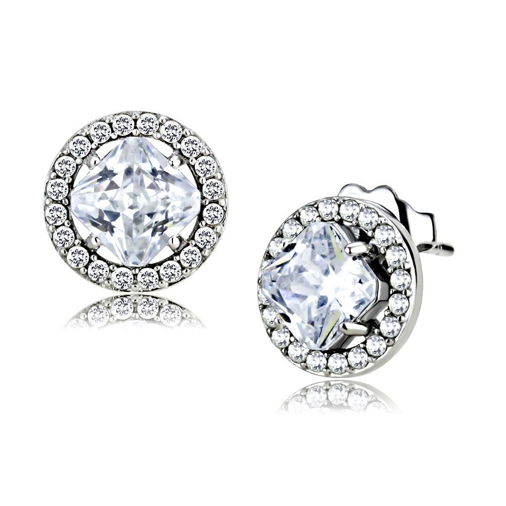 DA295 - High polished (no plating) Stainless Steel Earrings with AAA Grade CZ  in Clear LuxuryLifeWay Online Store