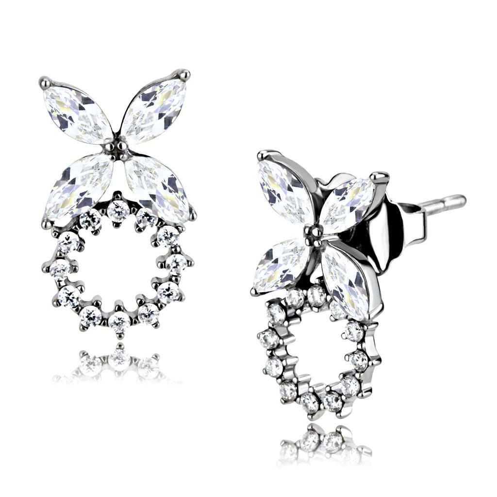 DA296 - High polished (no plating) Stainless Steel Earrings with AAA Grade CZ  in Clear LuxuryLifeWay Online Store