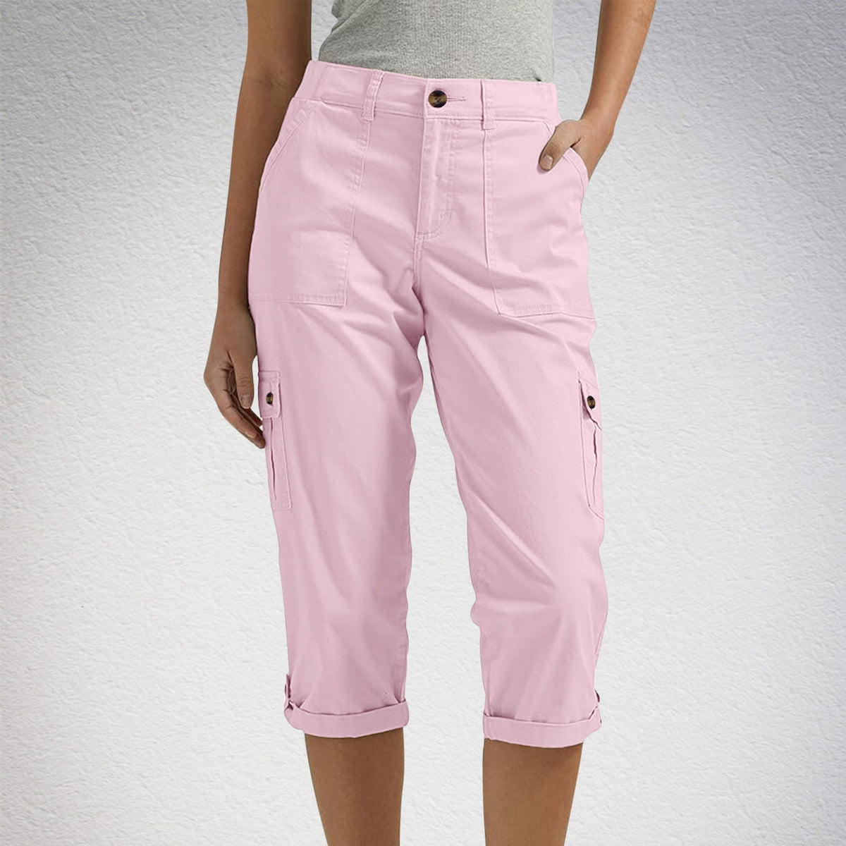 Solid Color Casual Cropped Pants - Women's High Waist Multiple Pockets Capri Trousers for Daily Wear NorixaFashion.com