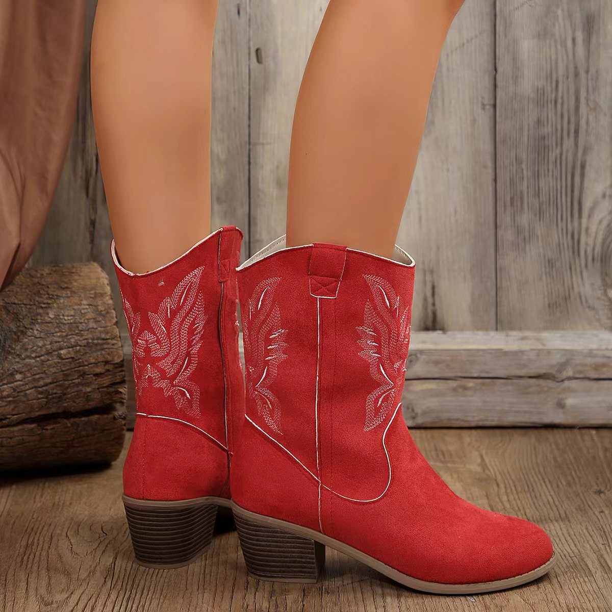 Fashion Chunky-heeled Pointed Toe Boots Winter Ethnic Style Embroidered Mid-Tube Western Shoes Women LadyShow.Store