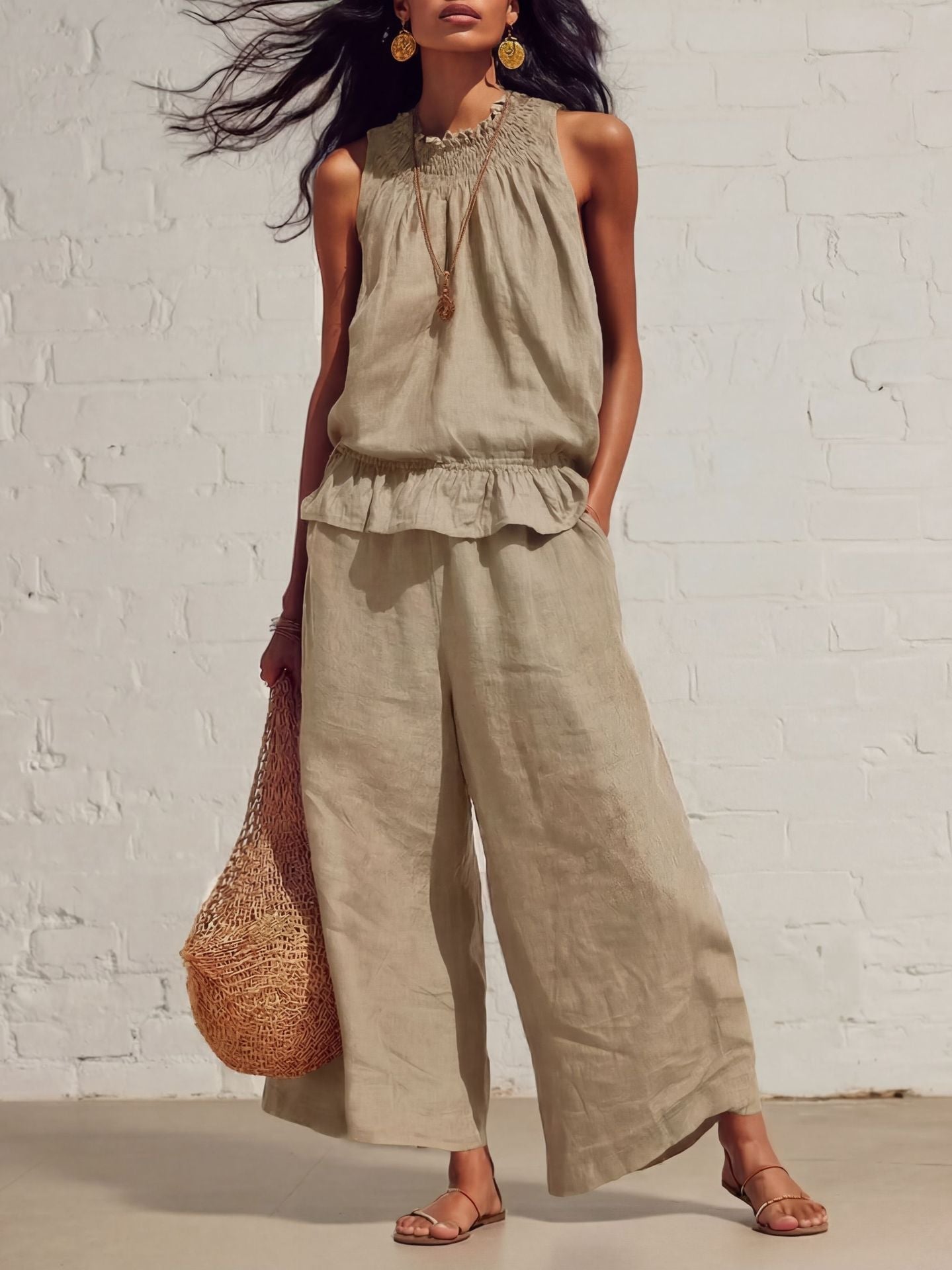 Summer Sleeveless Suit Fashion Ruffled Vest Top And Straight-leg Pants Women's Two-Piece Set NorixaFashion.com