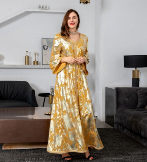 Muslim Bronzing Robe Women's Two Piece Belted Dress LadyShow.Store