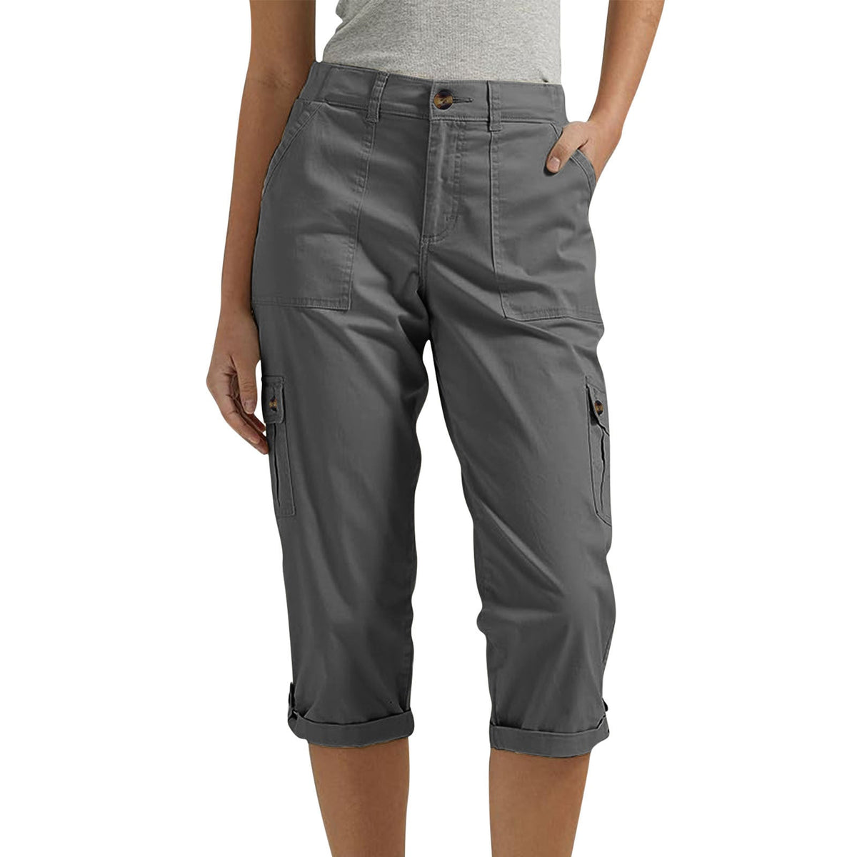 Solid Color Casual Cropped Pants - Women's High Waist Multiple Pockets Capri Trousers for Daily Wear NorixaFashion.com