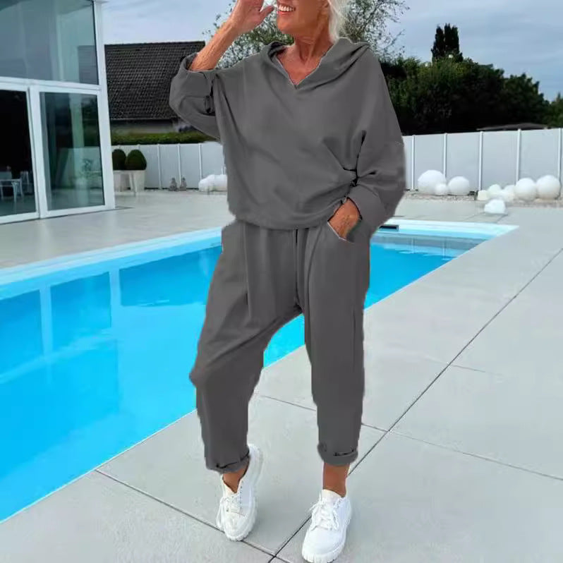 Women's Solid Color Hooded Sweatshirt Two-piece Set LadyShow.Store