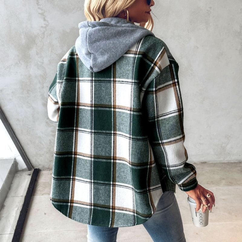 Plaid Hooded Jacket Fashion Casual Button Pocket Coat Autumn And Winter Women's Clothing LuxuryLifeWay Online Store