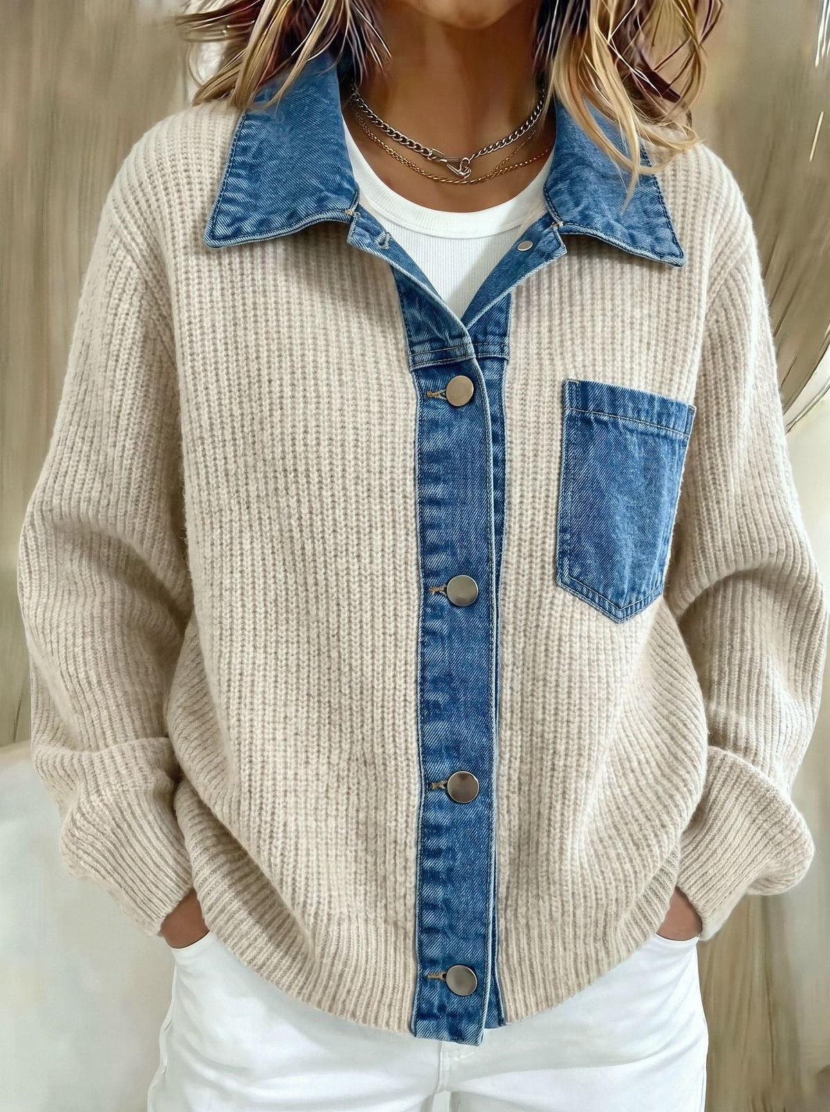2026 European And American Cross-border Denim Patchwork Knit Cardigan For Women, Loose And Casual Style, Color-block Long-sleeve Sweater Jacket NorixaFashion.com