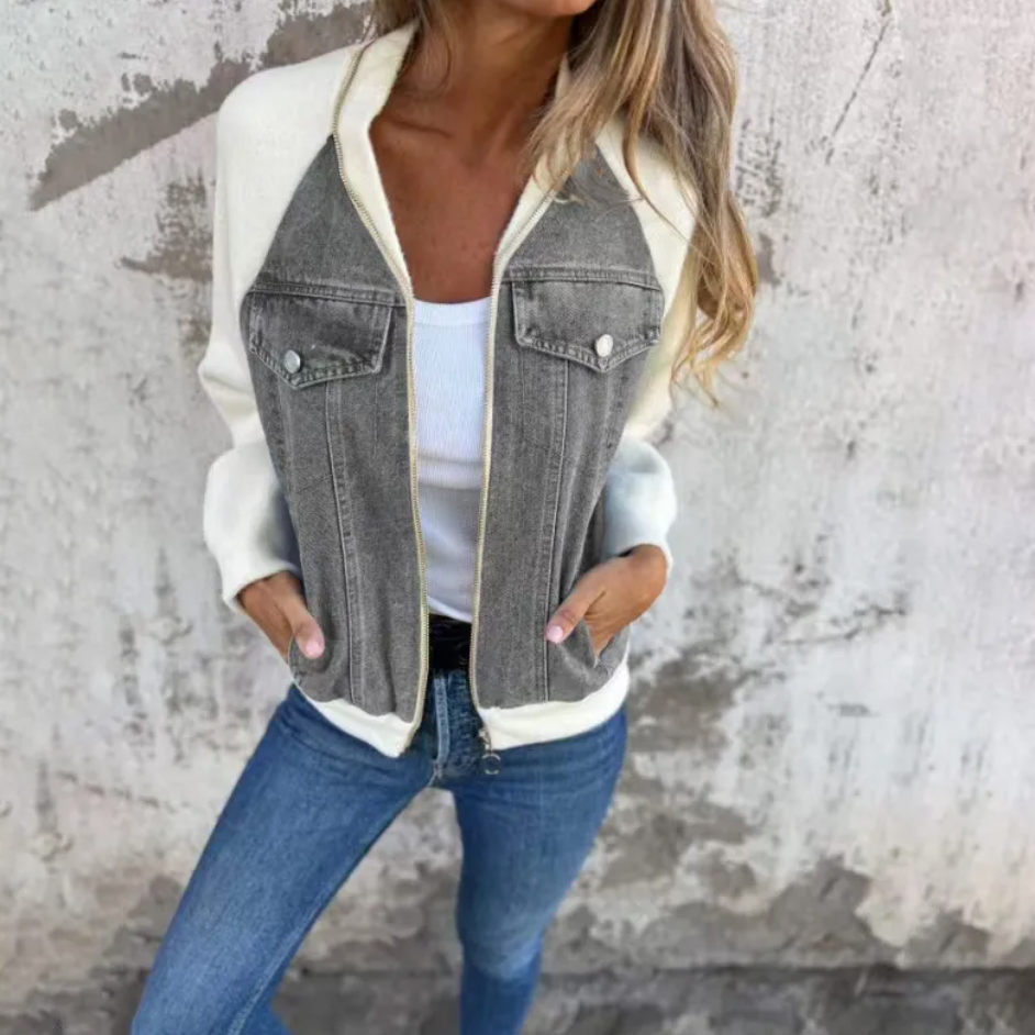 Women's Casual Hooded Denim Patchwork Jacket Pi-Mart