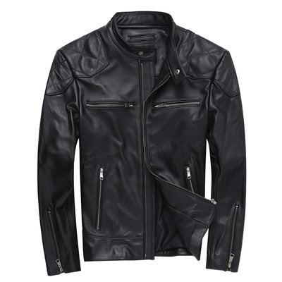 Men's Short Harley Leather Jacket, Stand Collar Casual Coat Pi-Mart