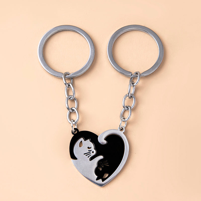 Love Heart Black White Cats Stainless Steel Couple Keychains LadyShow.Store