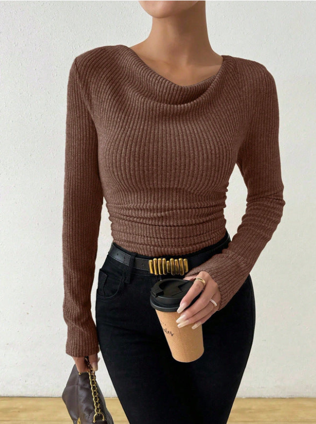 Autumn Bell Sleeve Draped Neck Slimming Knit Top LadyShow.Store