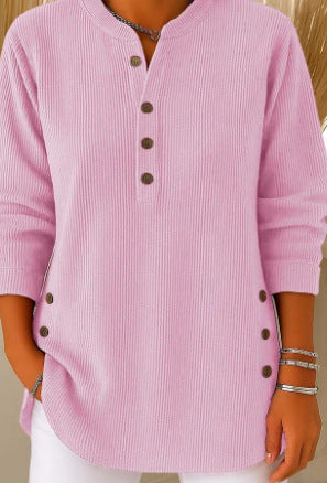 V-neck Buttons Sweater Fashion Casual Solid Color Long-sleeved Tops Women's Blouse T-shirt Clothing NorixaFashion.com