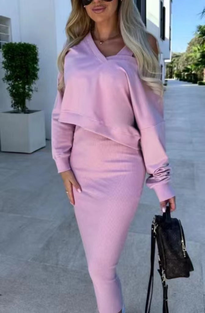 Women's Two Piece Dress Suit Fashion Long-sleeved  V-neck Pullover Sweatshirt And Sleeveless Dresses Set LadyShow.Store