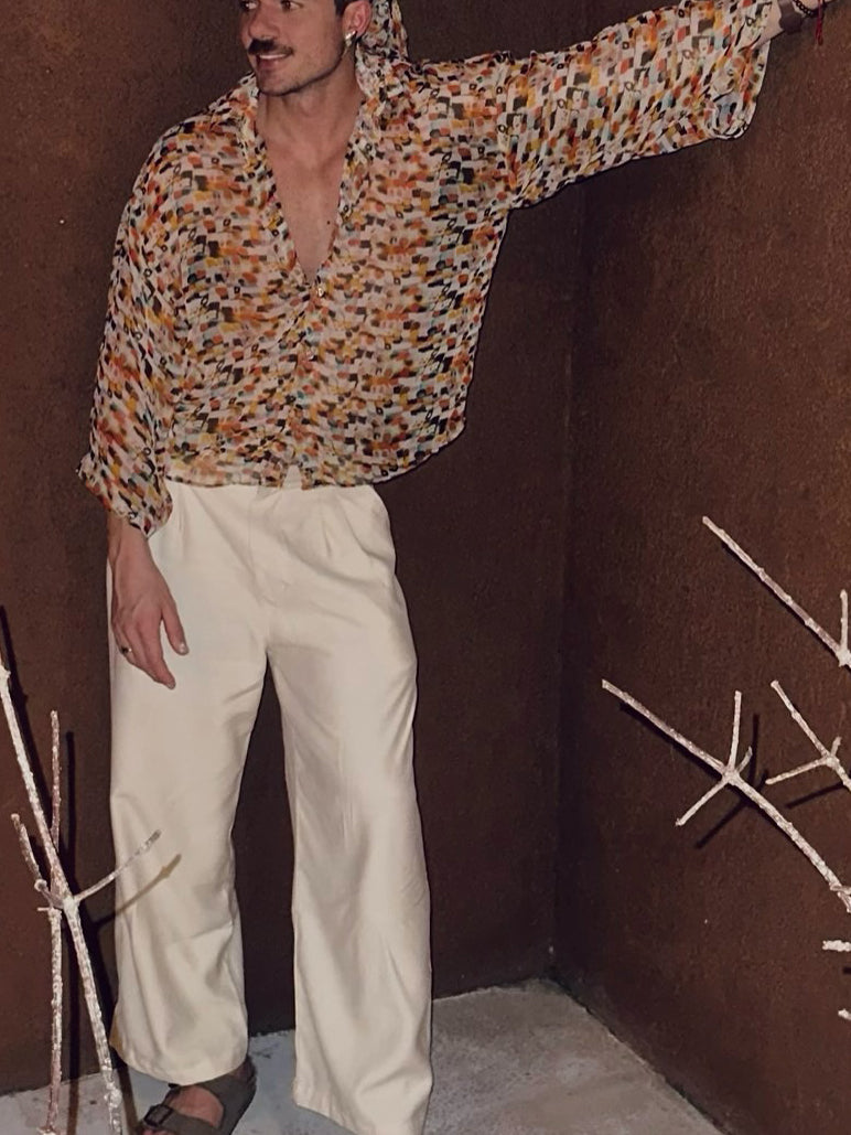 Retro Geometric Print Sheer Oversized Shirt NorixaFashion.com