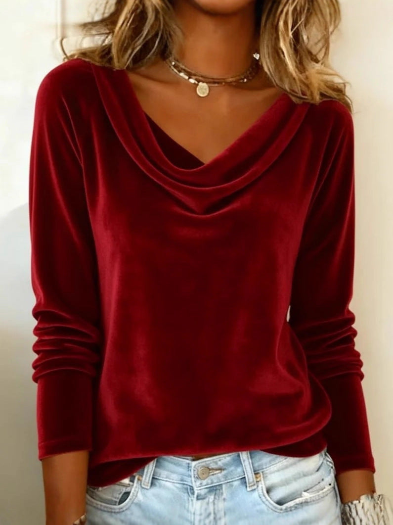 Elegant Velvet Long Sleeve Shirts For Women Fall Spring Solid Color Loose Women Blouses Fashion Pullover Tops Party Clothes LadyShow.Store