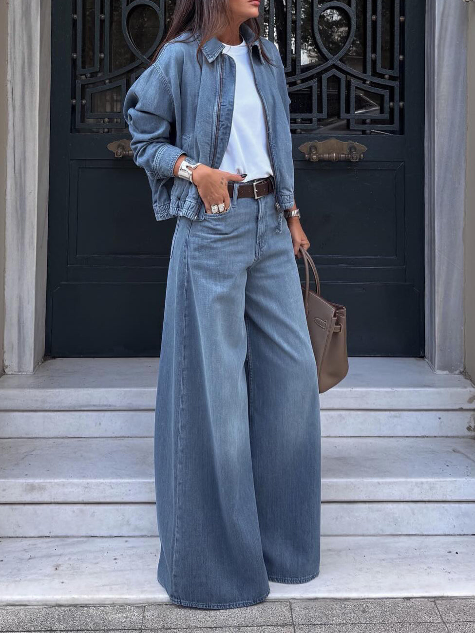 Light Blue Denim Cropped Jacket And Wide-leg Jeans Set NorixaFashion.com