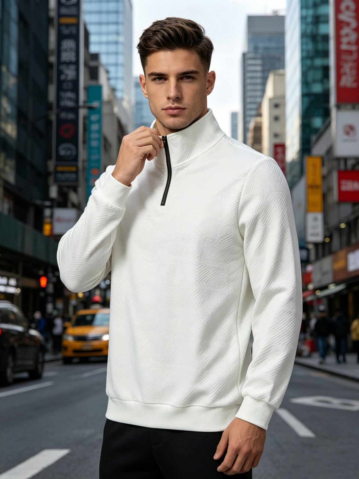 Men's Half-Zip Stand-Up Collar Knit Pullover With Jacquard Texture, 2026 Autumn-Winter Leisure Long-Sleeve Hooded Jacket NorixaFashion.com