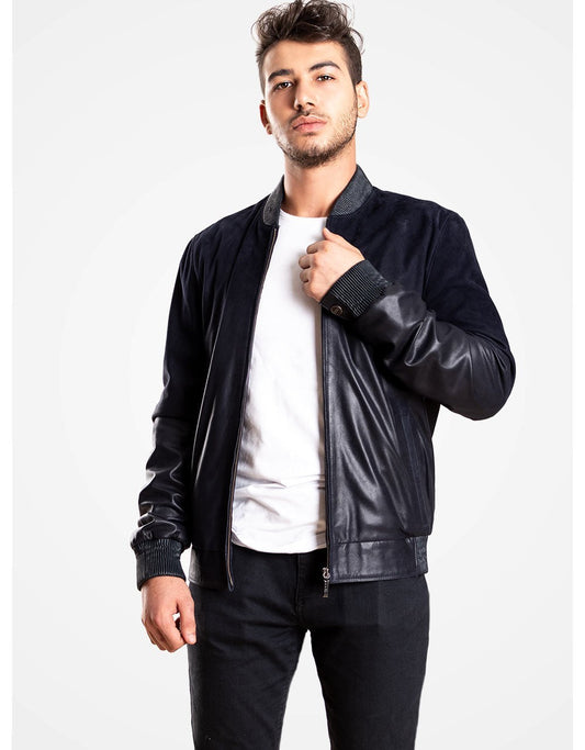 Blue DeGraded Leather Bomber Jacket For Men