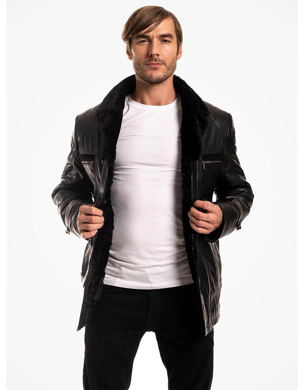 Black Vegetal Leather Coat For Men