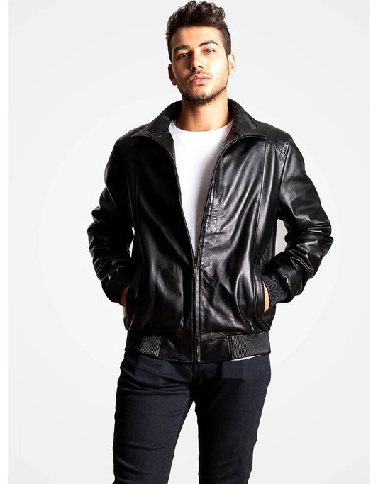 Black Bomber Leather Jacket For Men