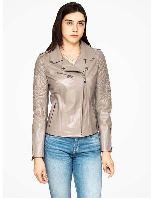 Beige Leather Biker Jacket For Women