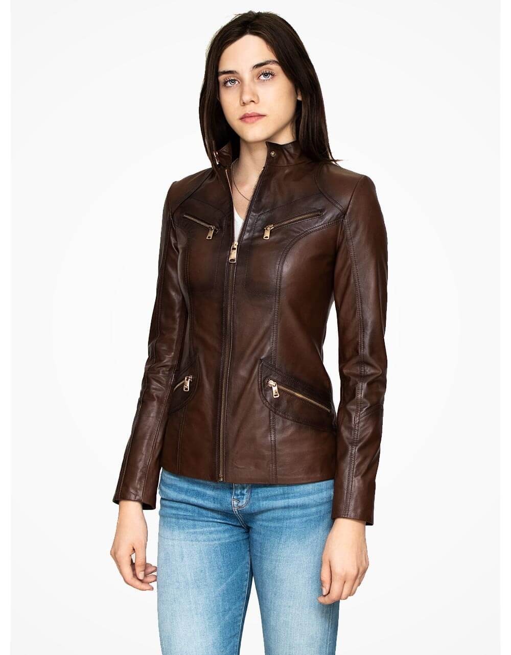 Brown Leather Biker Jacket For Women