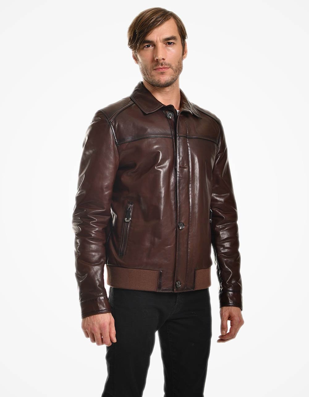 Brown Leather Bomber Jacket For Men