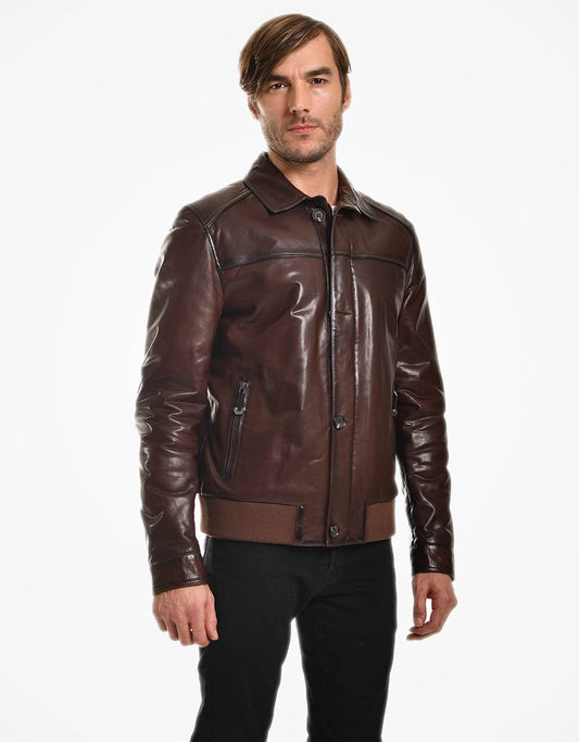 Brown Leather Bomber Jacket For Men