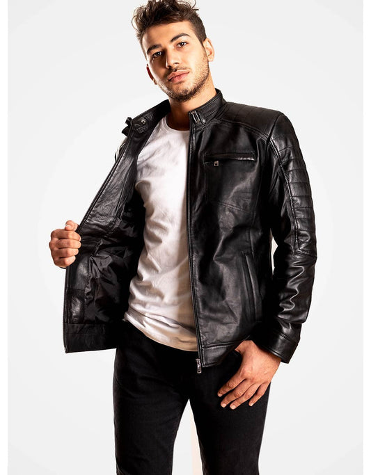 Black Leather Biker Jacket For Men