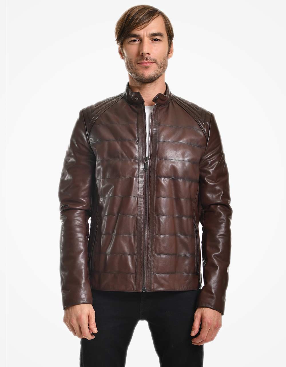 Brown Leather Biker Jacket For Men