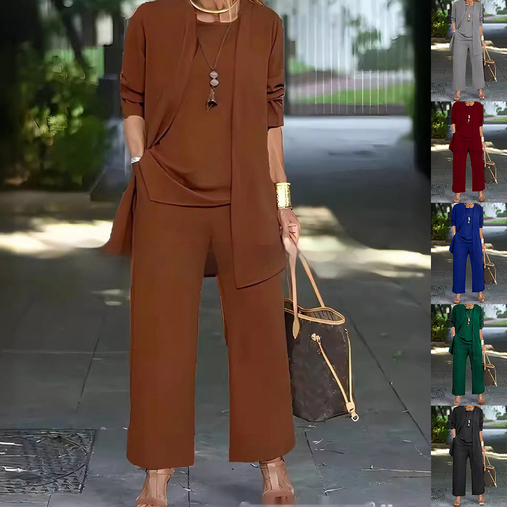 3-piece Cardigan Suit Pure Color Split Sleeveless Vest Top Long Sleeve Jacket And Wide Leg Pants Set NorixaFashion.com