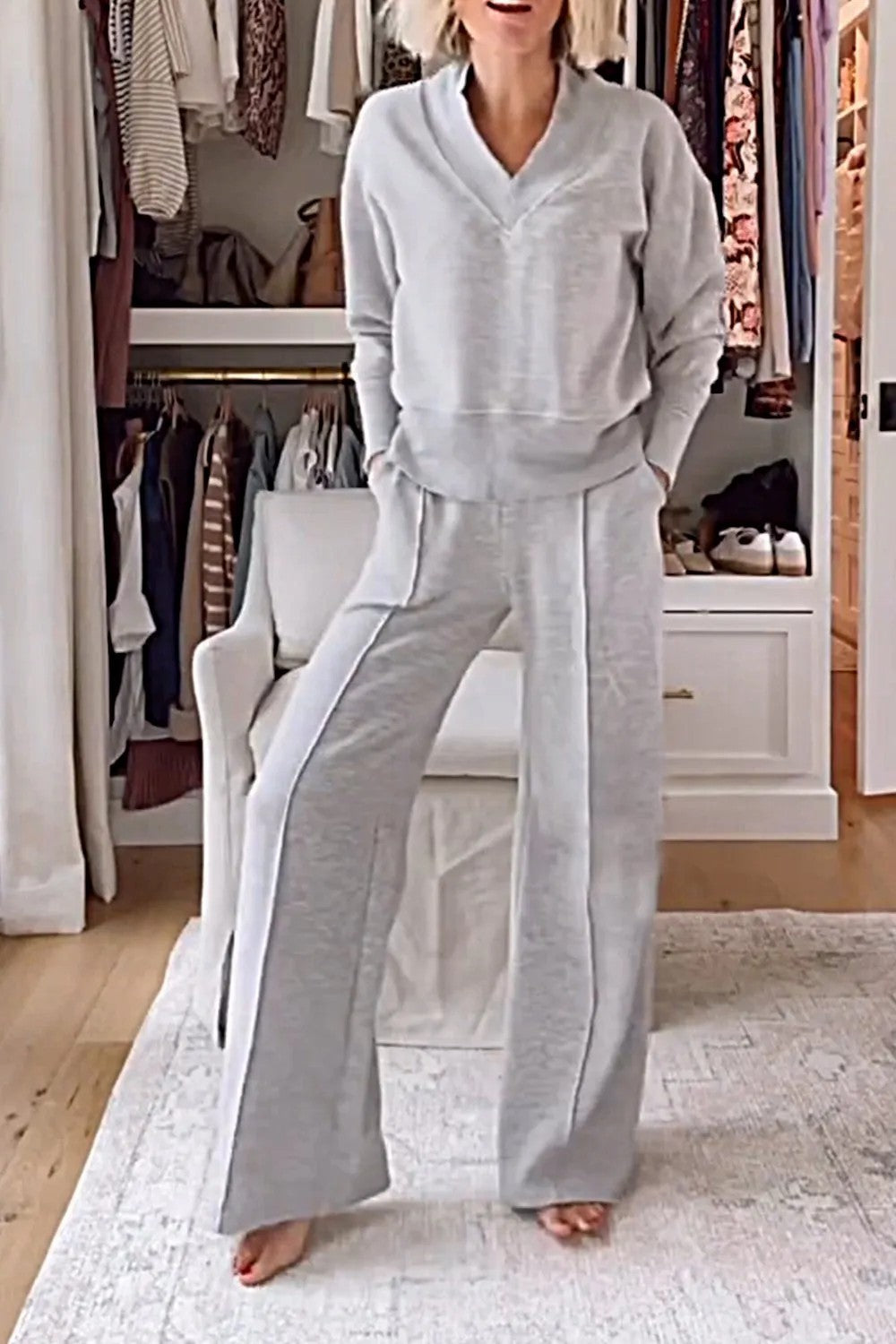 V-neck Long Sleeve Loose Top Wide Leg Pants Two-piece Set NorixaFashion.com